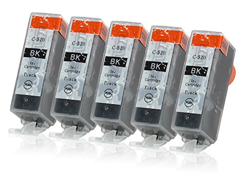 5 Druckerpatronen mit Chip und Füllstandsanzeige kompatibel zu Canon PGI-520 (Schwarz) passend für Canon Pixma IP-3600 IP-4600 IP-4600-X IP-4700 MP-540 MP-550 MP-560 MP-620 MP-630 MP-640 MP-640-R MP-980 MP-990 MX-860 MX-870