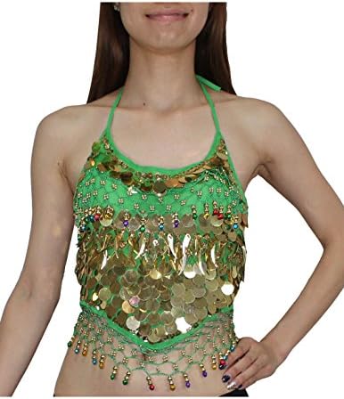 Womens Exotic Belly Dance Tribal Padded Crop Top with Sequins &amp; Bells 36A cup Green