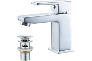 Luckyhome Basin Mixer Tap with Pop up Waste,Washroom Square Single Lever Chrome Brass Mixer Tap