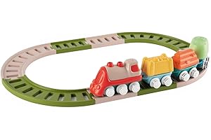 Chicco Baby Railway Eco+, Trenino per Bambini in Plastica Riciclata, 2 Configurazioni, Treno A Ruote Libere, Include 18 Pezzi, 1 Locomotiva, 3 Vagoni, Sviluppa creatività e Manualità, 18 Mesi-3 Anni
