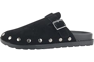 PMUEI Women's Suede Slip-on Slippers, Ladies' Buckle Flat Mules for Outdoor Activities, Basic Closed-Toe Clogs, and Women's Slingback Shoes.