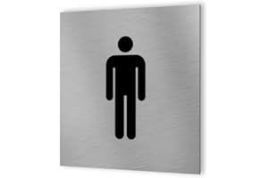 DECOHO - Pictogramme WC format 20 cm x 20 cm en Dibond Aluminium brossé - Modèle toilettes Homme - Argent
