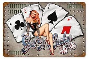 ABLERTRADE Plaque en métal vintage Poker & Dice « Gettin' Lucky Pinup Girl » pour garage - 20,3 x 30,5 cm