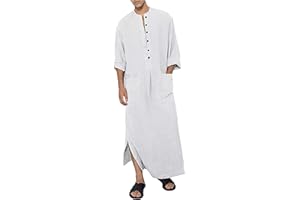 YAOHUOLE Men's Long Sleeve Thobe Button Up Abaya Long Gown Side Split Kaftan Robe with Pockets