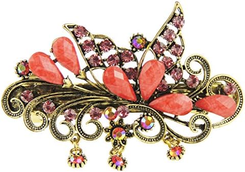 Ladies Bronzed Vintage Look Metal Hair Clip Barrette Large Wing Butterfly (Coral)