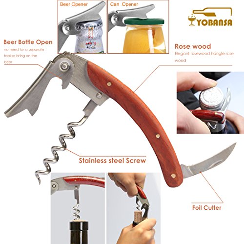 yobansa 3 in 1 Kellner-Korkenzieher, 5 Stück Wein Zubehör Set, Flaschenöffner, Wein Stopper, Wein Ausgießer, Wein Ring und Thermometer-Set in Holzbox Reddish Box M5pcs - 3