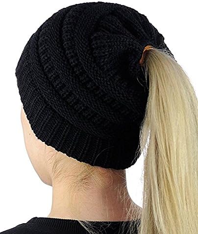 Women Beanie Ponytail Hat Messy High Bun Knit Hat Cotton Ribbed Stretchy Cap (Black)