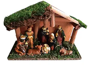 Vinayaks Christmas X-Mass Hand Crafted Wooden hut with Nativity Set- Crib Set- Kudil Set -Jesus Born Figurines Set- Big Size 15 X7 X20 cm