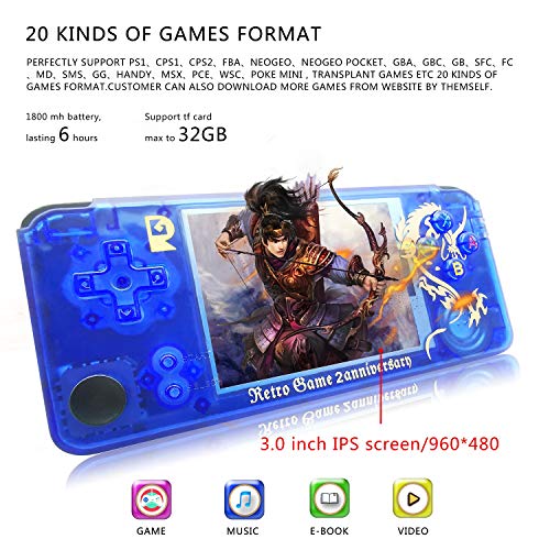 Anbernic Handheld Game Console , Retro Game Console OpenDingux Tony System , Free with 32G TF Card Built-in 3007 Classic Game Console 3 Inch HD Screen Portable Video Game Console -Transparent Blue