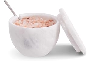 MARBLOUS KRAFTS Portasale in marmo con coperchio e cucchiaio, 7,6 x 10,2 cm, per piano di lavoro della cucina, 133,2 g, ideale per condimenti, zuccheriera e sale