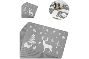 Lifreer Christmas Placemats, 6PCS Christmas Table Mat and 6PCS Cup Mats with Christmas Elk Pattern for Christmas Dining Table Decorations (Grey)