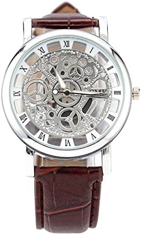 Gets Mens Skeleton Watch Vintage Quartz Wrist Watches Fashion Design Leather Strap Casual Watch (Silver Dial+Brown Band)