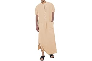 YAOHUOLE Herren Kaftan V-Ausschnitt Langarm Kaftan Herren Lang Knopf Hoch Thobe Herren Seite Split Baumwolle mit Taschen