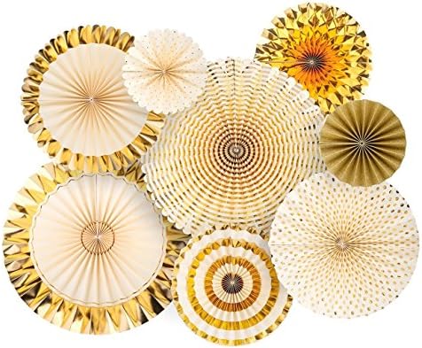 Hanging Paper Fan, RebirthTree 8 Pcs Gold Tissue Paper Fan with Paperclips for Birthday Party Wedding Baby Shower Bridal Shower Festival Decoration