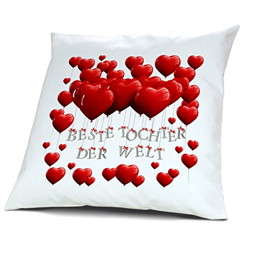 Kopfkissen Beste Tochter der Welt, Kissen mit Füllung "Herzballons", 40 cm, 100% Baumwolle, Kuschelkissen, Liebeskissen, Namenskissen, Geschenkidee