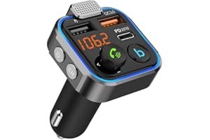 NK Bluetooth 5.0 samochodowy nadajnik FM – 3 porty ładowania: x 2 USB QC3.0 + x1 PD 3.0 typ C 20 W, funkcja głośnomówiąca, redukcja szumów, szybkie ładowanie, przycisk B: Hi-Fi głęboki bas (głośnik)