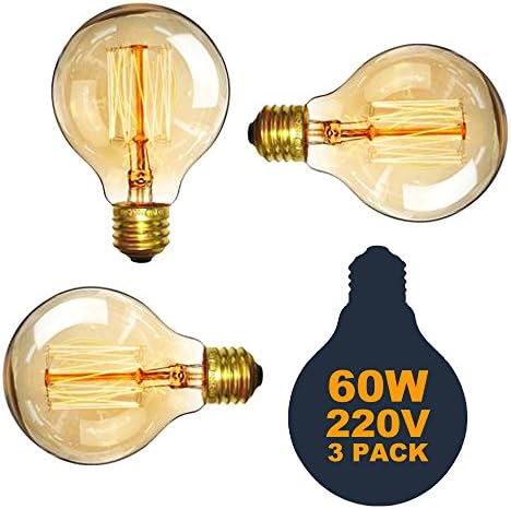 3 Pack of Wootly Vintage Edison Bulbs - Warm Light Bulbs - Smooth Amber Glass Shell with Squirrel Cage Filament - 60 Watt - G80 Bulb - 220 Volts - E27 Base - 190 Lumens [Energy Class C] (3 PACK)