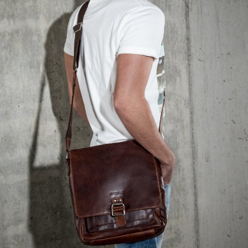 STOKED Umh  ngetasche NATHAN - Ledertasche mit Schultergurt gro   fit f  r tablet - iPad - Schultertasche echt Leder braun-cognac