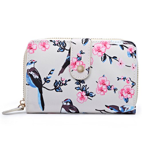 Miss Lulu Women Grey Flower Bird Purse Oilcloth Short Wallet Clutch Hand Bag (1580-16J Beige)
