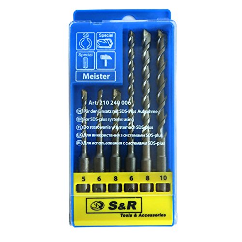 S&R Hammerbohrer SDS-Bohrer-Set, Betonbohrer SDS Plus 6-tlg : 5,6,8 x 110mm; 6, 8, 10 x 160 mm in Kunststoffbox für Beton,Granit, Stein. Bohrer für Bohrhammer und Schlag-Bohrmaschine - 6