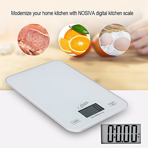 NOSIVA Digitale Küchenwaage mit großer LCD Anzeige – Weiss Hartglas Stand Waage für Lebensmittel/Kräuter/Kaffee, Hohe Präzision auf bis zu 1g (5kg Maximalgewicht) - 7