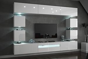 ‎FURNITECH FURNITECH Wohnwand Wohnzimmer - Wohnzimmer Möbel mit LED Blau - Hängend Wohnwand Modern - Wohnzimmer Schrankwand mit Regale und TV Schrank (Future C81-HG-W2 1B - 273 cm)