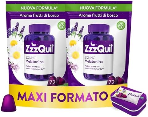 ZzzQuil Sonno Formula Vegana Integratore per Dormire con Melatonina ed Estratti Di Valeriana, Camomilla e Vitamina B6, Addormentarsi Velocemente, 72x2 Gommose, Gusto Frutti di Bosco, Travel Case