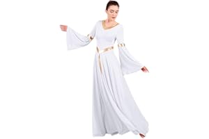 IWEMEK Women Metallic Bi Color V Neck Bell Long Sleeve Praise Dance Dress Liturgical Lyrical Worship Choir Church Robe Ballroom Dancer Performance Praisewear Dancewear Costume