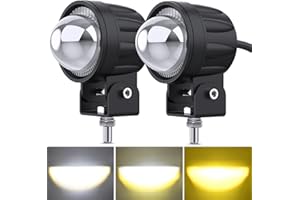 Kairiyard Lot de 2 phares antibrouillard à LED pour moto Fisheye 60 W 6000 lm 6000 K / 3000 K Ambre/Jaune Blanc Bicolore Phare de travail Offroad pour moto, camion, SUV, ATV tracteur