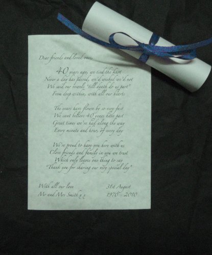 50 A6 personalised Sapphire 45th wedding anniversary favour table scrolls dark blue coloured ribbon. Please send the information at the same time as ordering by clicking the send seller a message button on your order history page