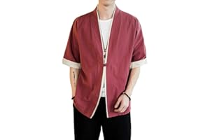 PENGGENGA Uomo Cappotto Kimono Giapponese Mens Vintage Cloak Cotton Linen Blends Loose Fit Short Coat Jacket Cardigan Bodeaux L