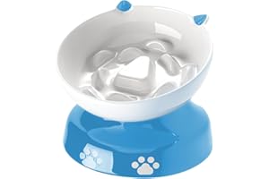 Y YHY Ceramic Cat Slow Feeder Bowl, Elevated Cat Food Bowl with Tilted Design, Cat Shape for Dry and Wet Food - Blue