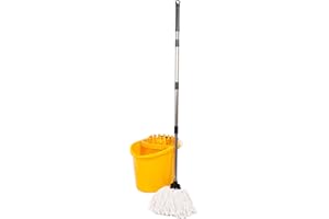 REQUISITE NEEDS Professional Mop and Bucket Set Heavy Duty with Wringer and Two Cotton Mop Heads for Floor Cleaning - 16L Bucket with Pouring Lip (Yellow)