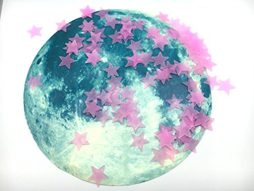 Christmas Luminous Moon, Louzedaya Luminous Moon Stars 3D 30cm Luminous Full Moon Glow in the Dark Wall Sticker 100 PCS 3 * 3 cm Luminous Stars for Kid's Room (3CM*3CM STARS PINK, Moon Dark Green)