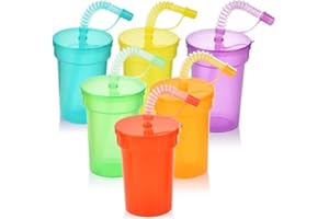 ALINK Reusable Kids Party Neon Sipper Cups with Lids and Straws, 6 Pack 380 ml Leak Proof Colorful Favor Cups for Birthday, Holiday, Events, Party Decoration Supplies