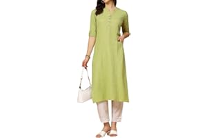 Ladyline Tunique longue Kurti Kurta pour femme en pur coton uni à manches 3/4, col roulé boutonné, poche, long Kurti Kurta