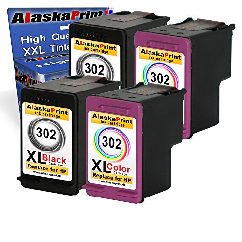 Alaskaprint 4er Set Tintenpatronen Kompatibel für Hp 302 XL 302XL ( 2x Schwarz , BK , Black + 2x Farbig , Color) HP DeskJet 1110 2130 3630 HP Envy 4520 e-All-in-One 4524 e-All-in-One HP OfficeJet 3830 4650 3800 Series