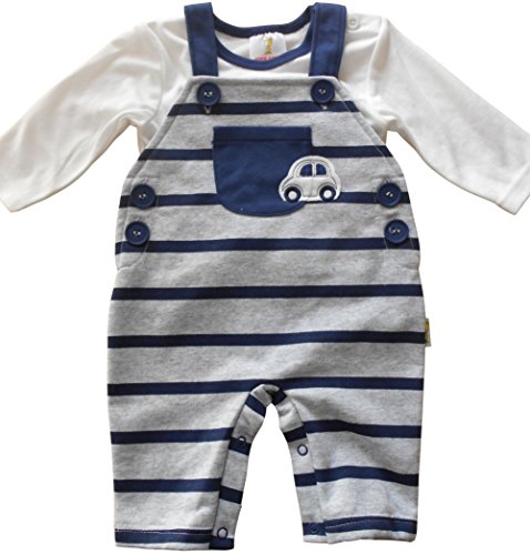 0-3 months - Baby Boys Cute Grey and Blue Striped Dungarees with Creamy White Long-sleeved Top Outfit