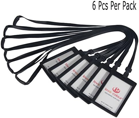 LOVECOLOUR Id Card Badge Holder With Lanyard &amp; Detachable Plastic Clip ★ Black Work Employee Or Student Name Badge Holder ★ Vertical Business Card Case ★ Office Supplies ★ [No Metal accessoires 6 pcs pack]