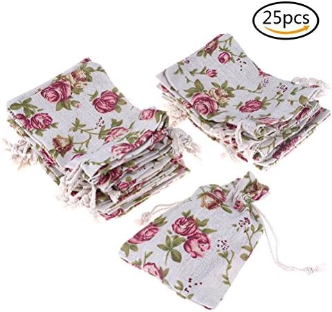 WANTING 25 PCS 3.9" x 5.5" Mini Rose Pattern Drawstring Burlap Gift Bags Candy Bags Jewelry Pouches for Wedding Party Birthday Party DIY Craft Favor