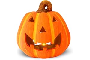 MATCHES21 HOME & HOBBY Decorazione con zucca con candela al LED, autunnale e per Halloween, 19 x 21 cm, in terracotta, con luce a LED a pile, effetto tremolante come nei lumini veri
