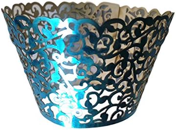 Mobengo 50 pcs Pearl Lace Filigree Wedding Cupcake Wrapper Baking Cake Cups Wraps Party Decoration Laser Cut (Bright Blue)