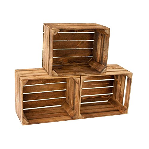 3er Set alte Vintage Holzkiste – geflammt / gebrannt – alte, gebrauchte Obstkiste / Weinkiste - 2