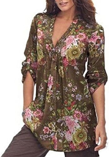 BA Zha Fashion Women's Vintage Floral Print Shirt Simple Casual Autumn Tunic Loose Crop V-Neck Sweater Coat Pullover Sweatshirt Long Half Sleeve Tee Tops Sexy Blouse T-Shirt (XXXL, Coffee)