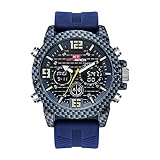 LLSYY MäNner Sportuhr Doppel-Kohlefaser-Uhr Im Freien Wasserdichte Multifunktionsuhr,Blue