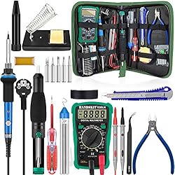 Fer à Souder Kit, 60W Kit de Soudure, Temperature Réglable de 200~450℃, Multimètre, 5PCS Conseils de soudage, Pompe à Dessouder, Station de Soudage, Colophane, Fil de Soudure, Pincettes