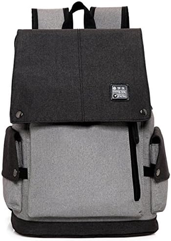 Men's Canvas Backpack USB Rechargeable Shoulder Bag Laptop Backpack Travel Student Bag,19Inches-Black+Gray