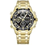 Men ' S Stainless Steel Watch Gold Watch Chronograph Double Movement Electronic Quartz Watch Waterproof Luminous Kalendar Week Display