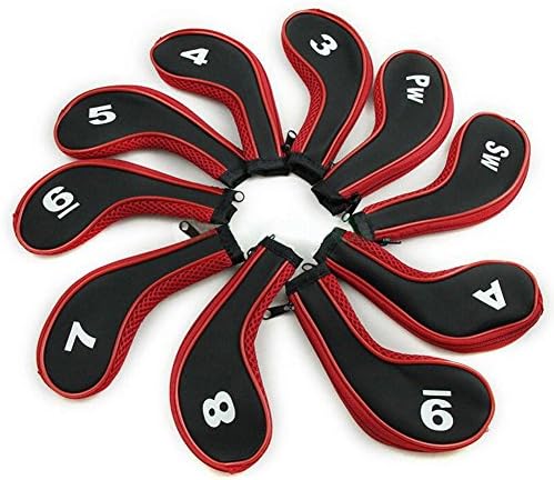 Golf Iron Head Covers Club &amp; Wedge Headcovers Set Long Neck Number Tag with Zipper for Titleist, Callaway, Ping, Taylormade, Cobra, Nike ,Black &amp; Red -10pcs