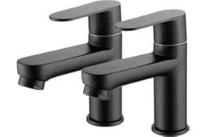 Maynosi Bathroom Basin Pillar Taps, 1/2 C Pair Sink Mixer Taps, 1/4 Turn Cloakroom Twin Faucets, 2 PCS Modern Round Style Taps, Solid Brass, Matte Black